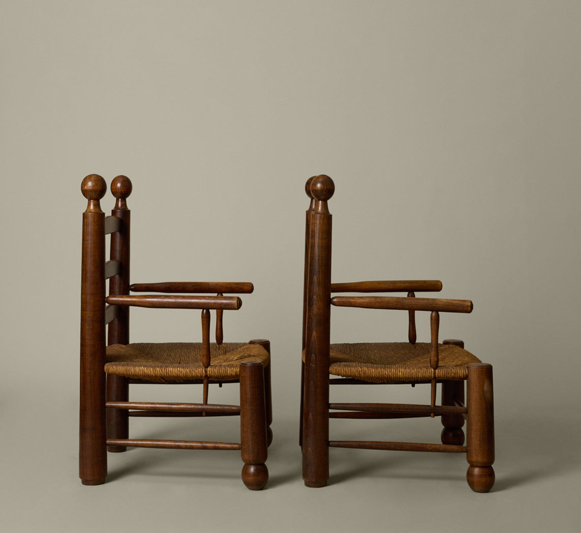 PAIR OF 1940S FRENCH TURNED WOOD AND RUSH ARM CHAIRS BY CHARLES DUDOUYT