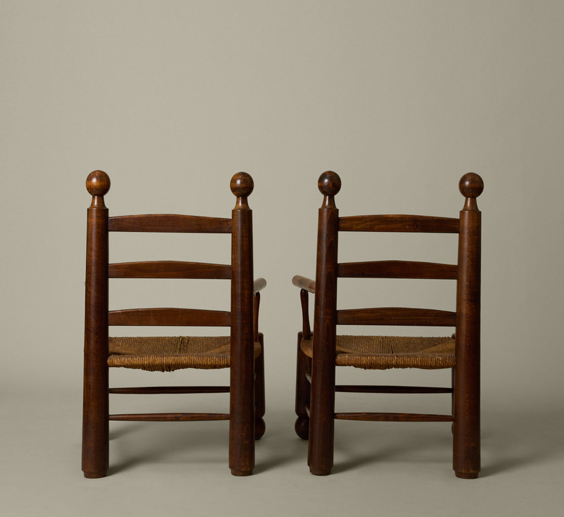 PAIR OF 1940S FRENCH TURNED WOOD AND RUSH ARM CHAIRS BY CHARLES DUDOUYT