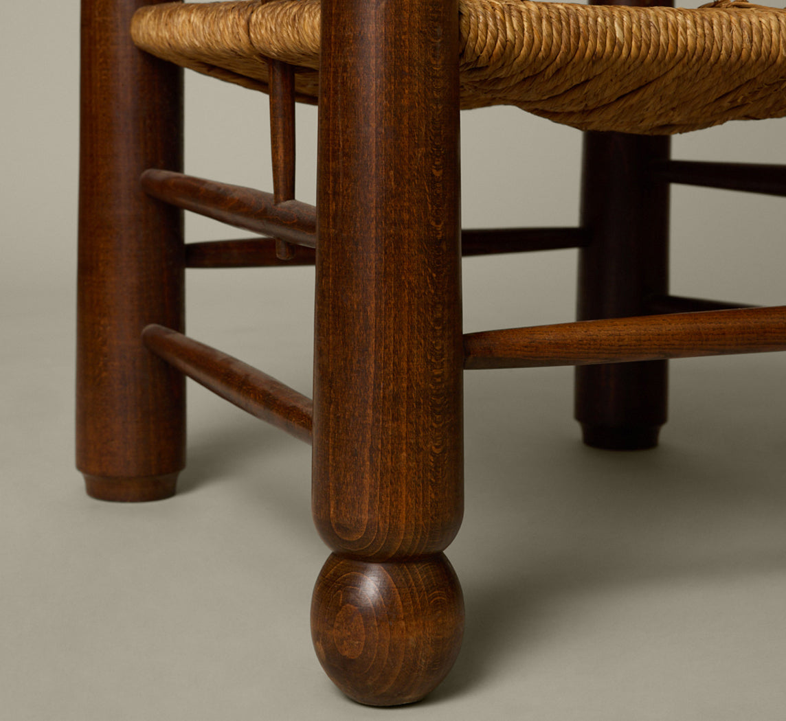 PAIR OF 1940S FRENCH TURNED WOOD AND RUSH ARM CHAIRS BY CHARLES DUDOUYT