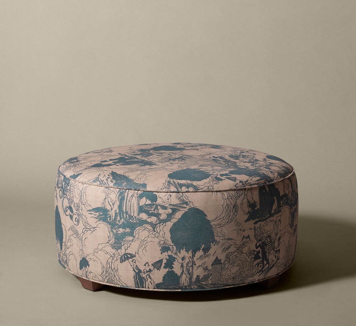 PIERCE & WARD CIRCLE OTTOMAN IN PARASOL TOILE