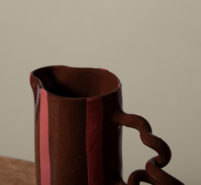 TERRACOTTA WIGGLE JUG WITH PINK STRIPE