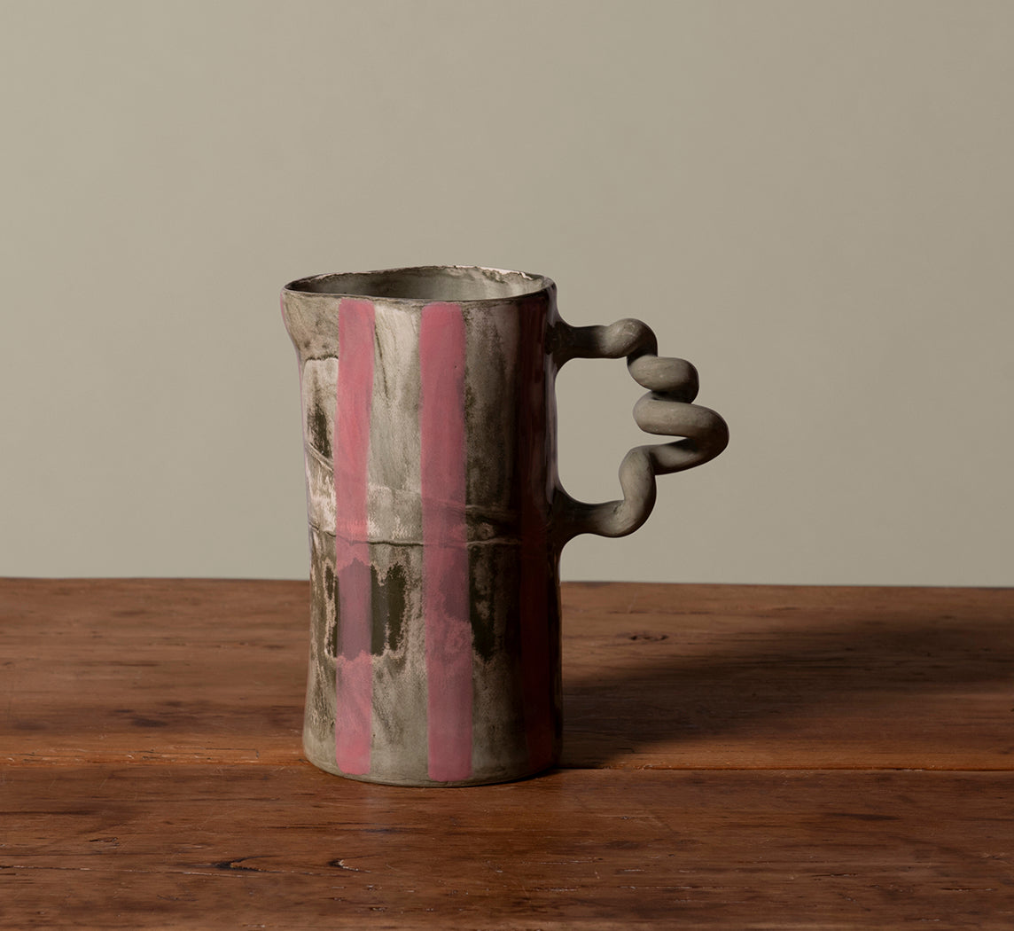 GREEN MARBLE WIGGLE JUG WITH PINK STRIPE