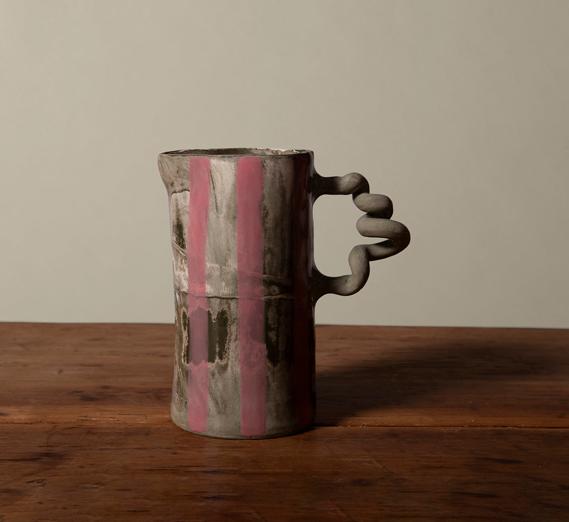 GREEN MARBLE WIGGLE JUG WITH PINK STRIPE