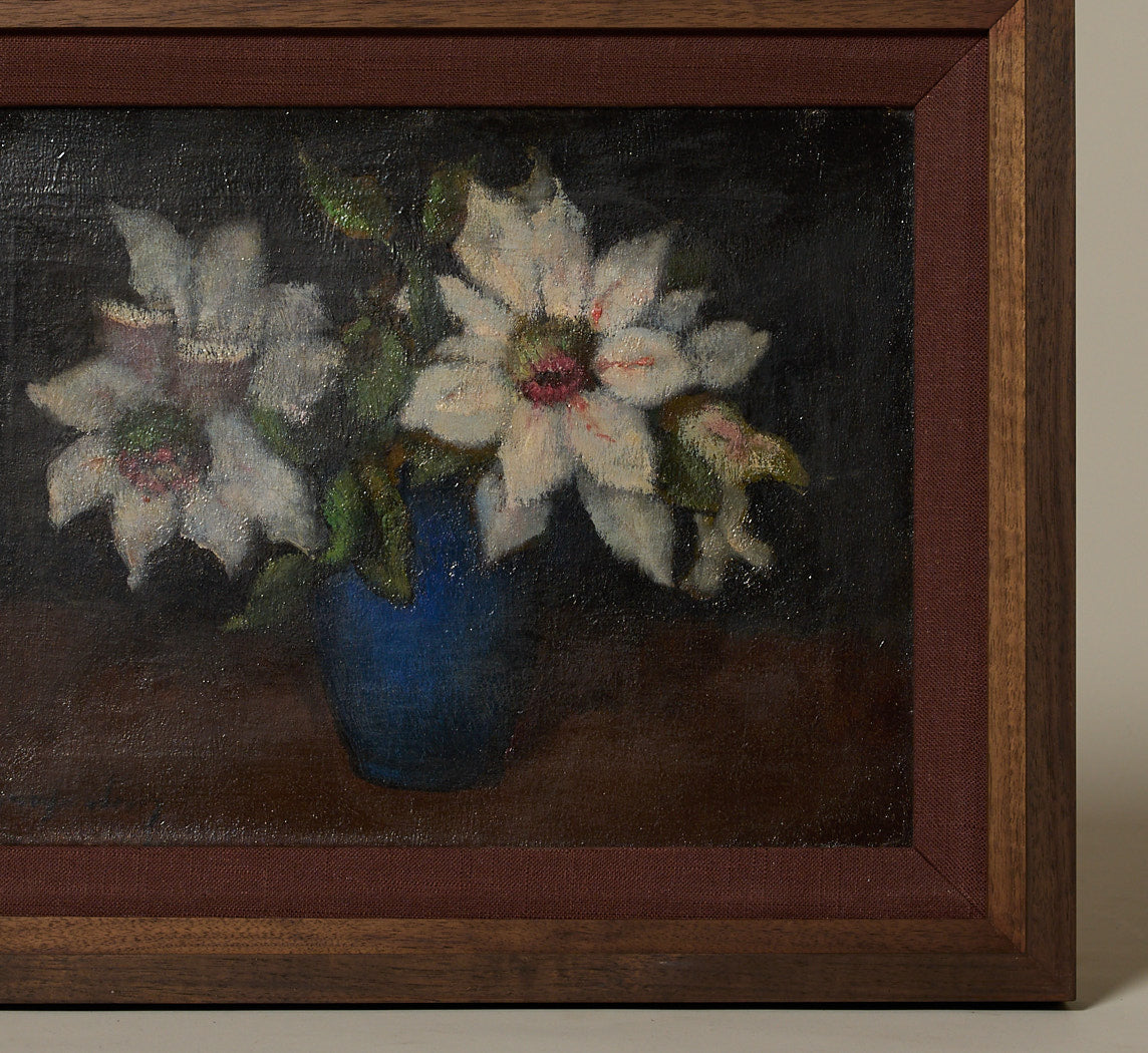 1940S DUTCH STILL LIFE WITH FLOWERS IN A BLUE VASE