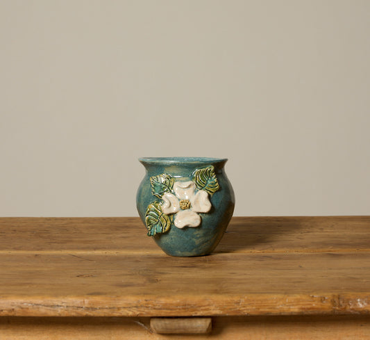 FOLK ART FLOWER JUG WITH TEAL GLAZE