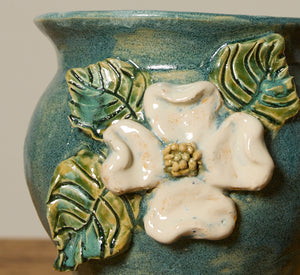 FOLK ART FLOWER JUG WITH TEAL GLAZE