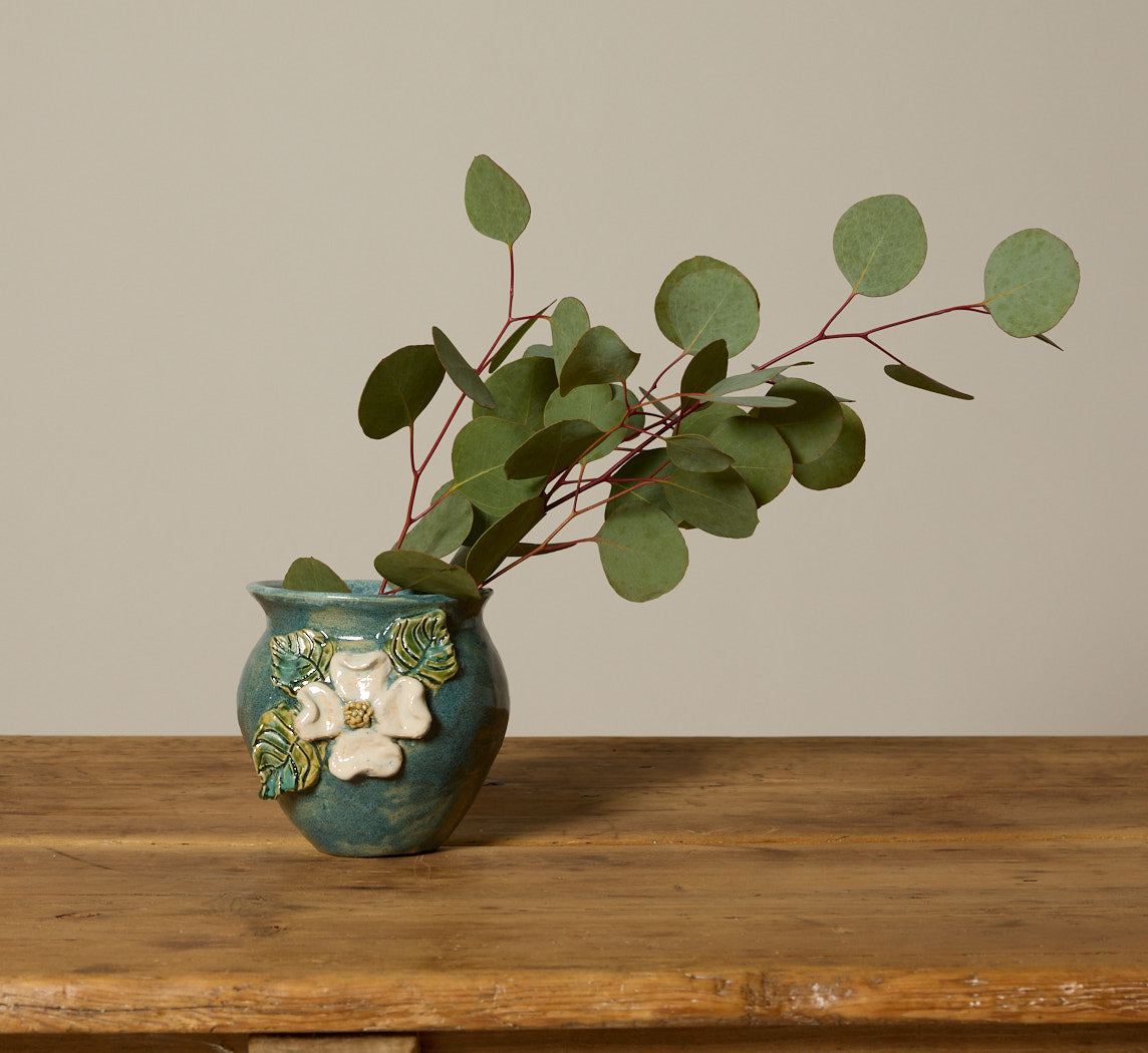 FOLK ART FLOWER JUG WITH TEAL GLAZE