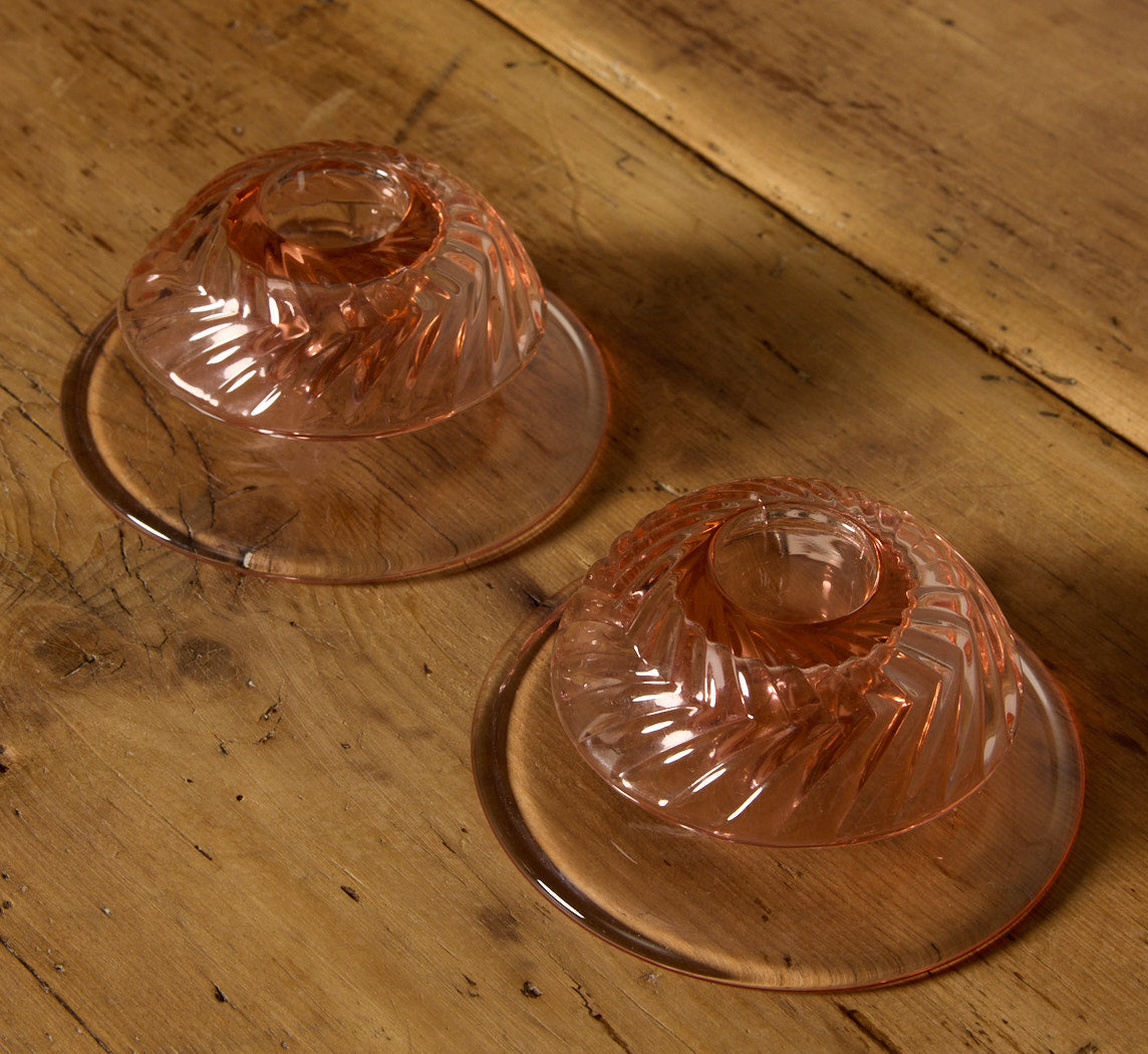 PAIR OF FLAMINGO PINWHEEL HEISEY PRESSED GLASS CANDLESTICK HOLDERS