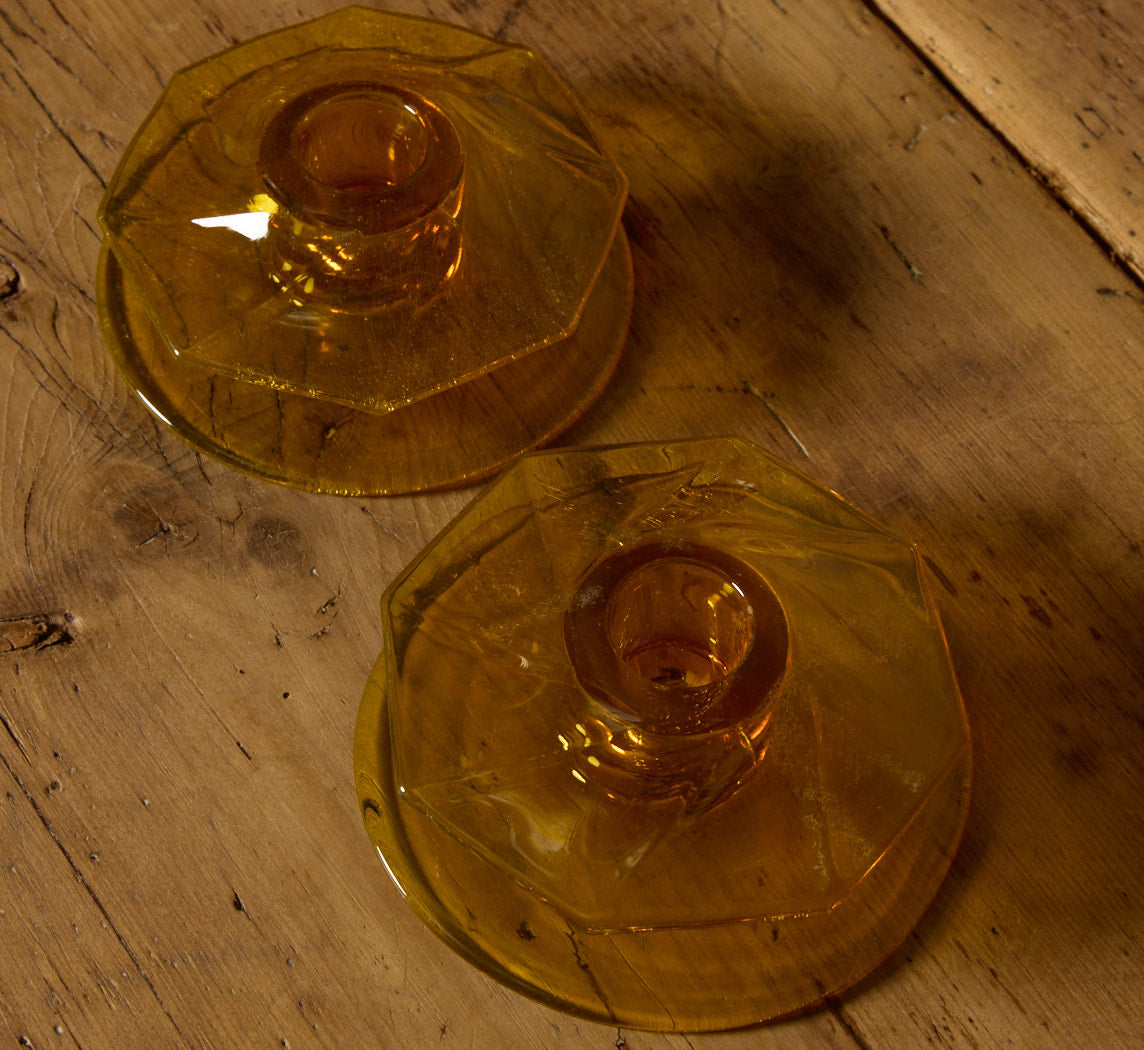 PAIR OF FLAMINGO HEISEY PRESSED GLASS CANDLESTICK HOLDERS