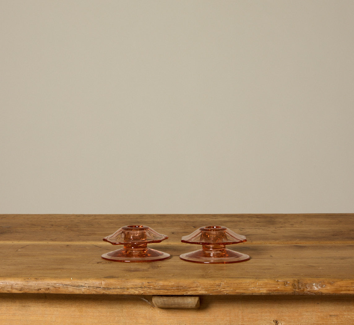 PAIR OF FLAMINGO HEISEY PRESSED GLASS CANDLESTICK HOLDERS