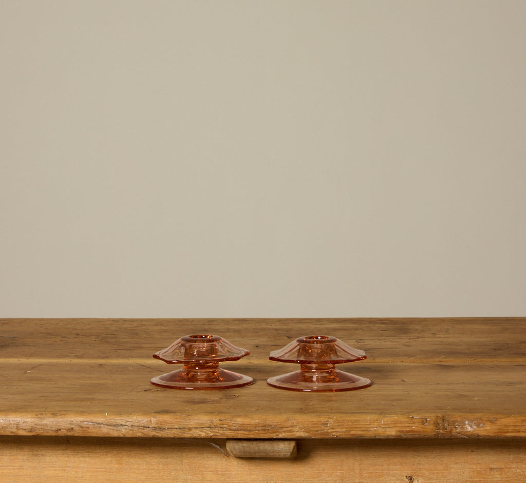 PAIR OF FLAMINGO HEISEY PRESSED GLASS CANDLESTICK HOLDERS