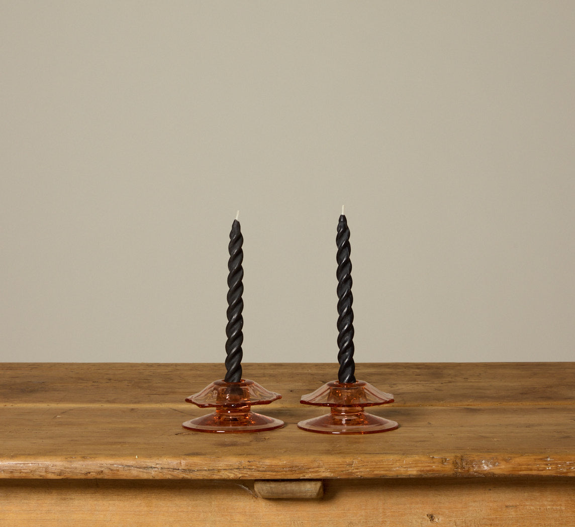 PAIR OF FLAMINGO HEISEY PRESSED GLASS CANDLESTICK HOLDERS