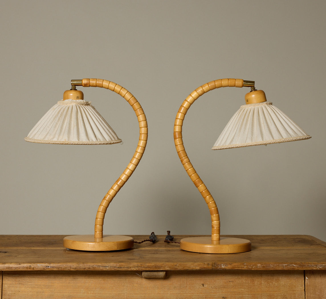 VINTAGE SWEDISH BIRCH WOOD GOOSENECK LAMPS BY MARKSLÖJD