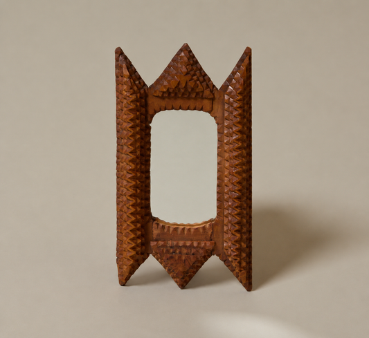 19TH CENTURY POINTED TRAMP ART WALL MIRROR