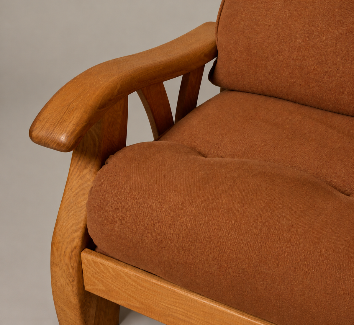 PAIR OF 1960S SCULPTURAL HEAVY OAK LOUNGE CHAIRS WITH MOKUM COPPER LINEN CUSHIONS