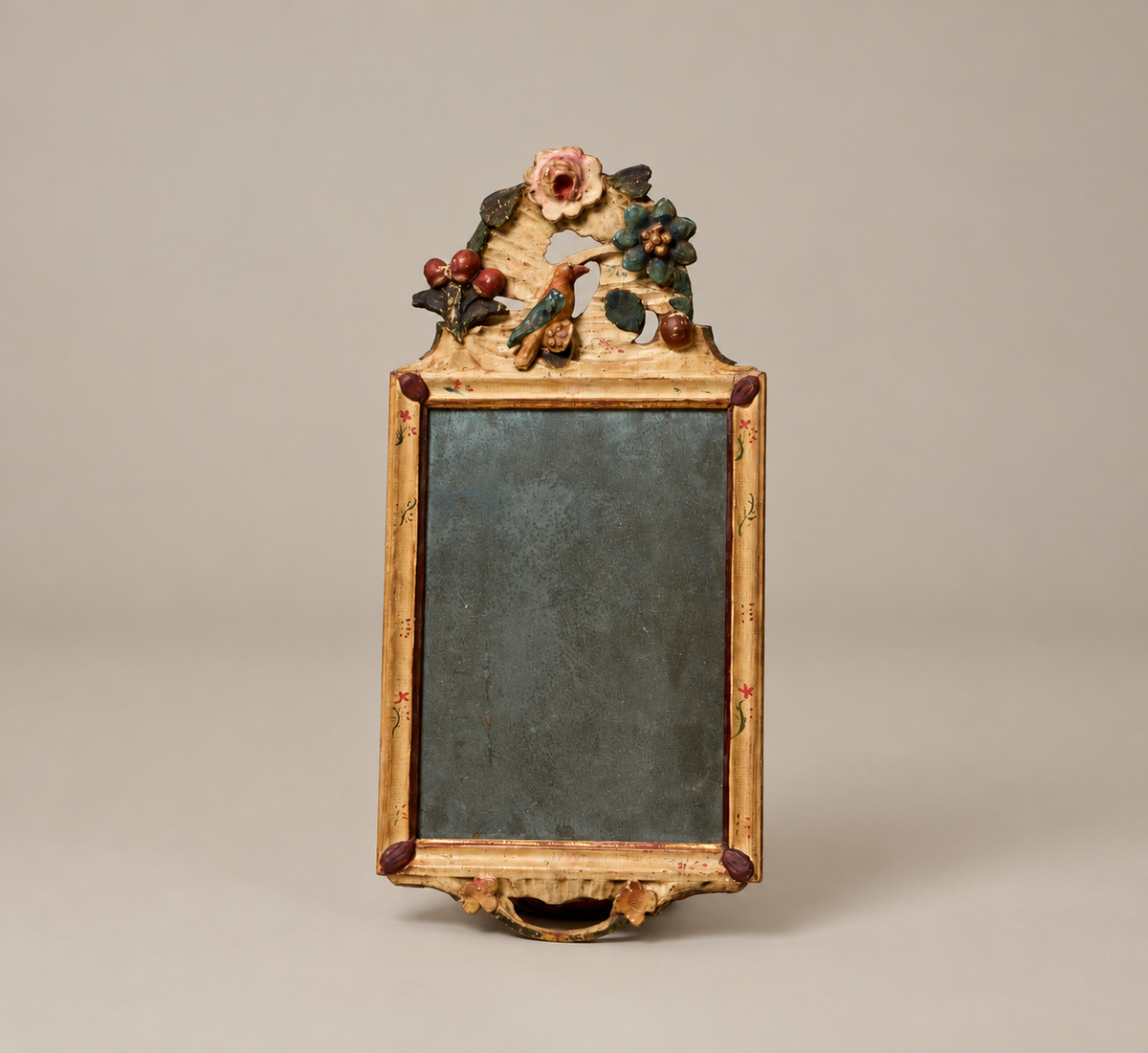 18TH CENTURY FLORAL & BIRD CARVED QUEEN ANNE MIRROR