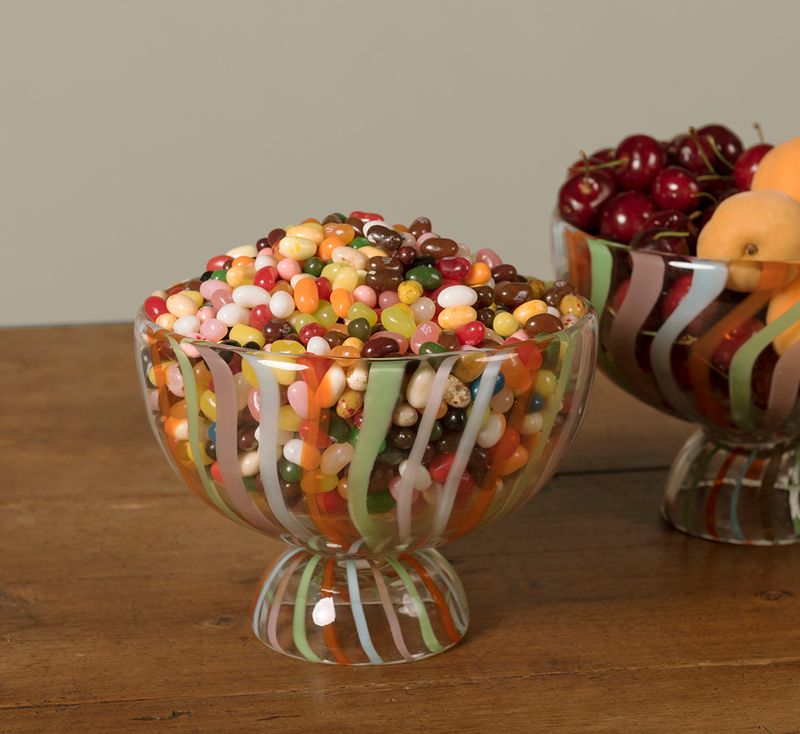 HAND PAINTED GLASS FOOTED BOWL WITH STRIPES