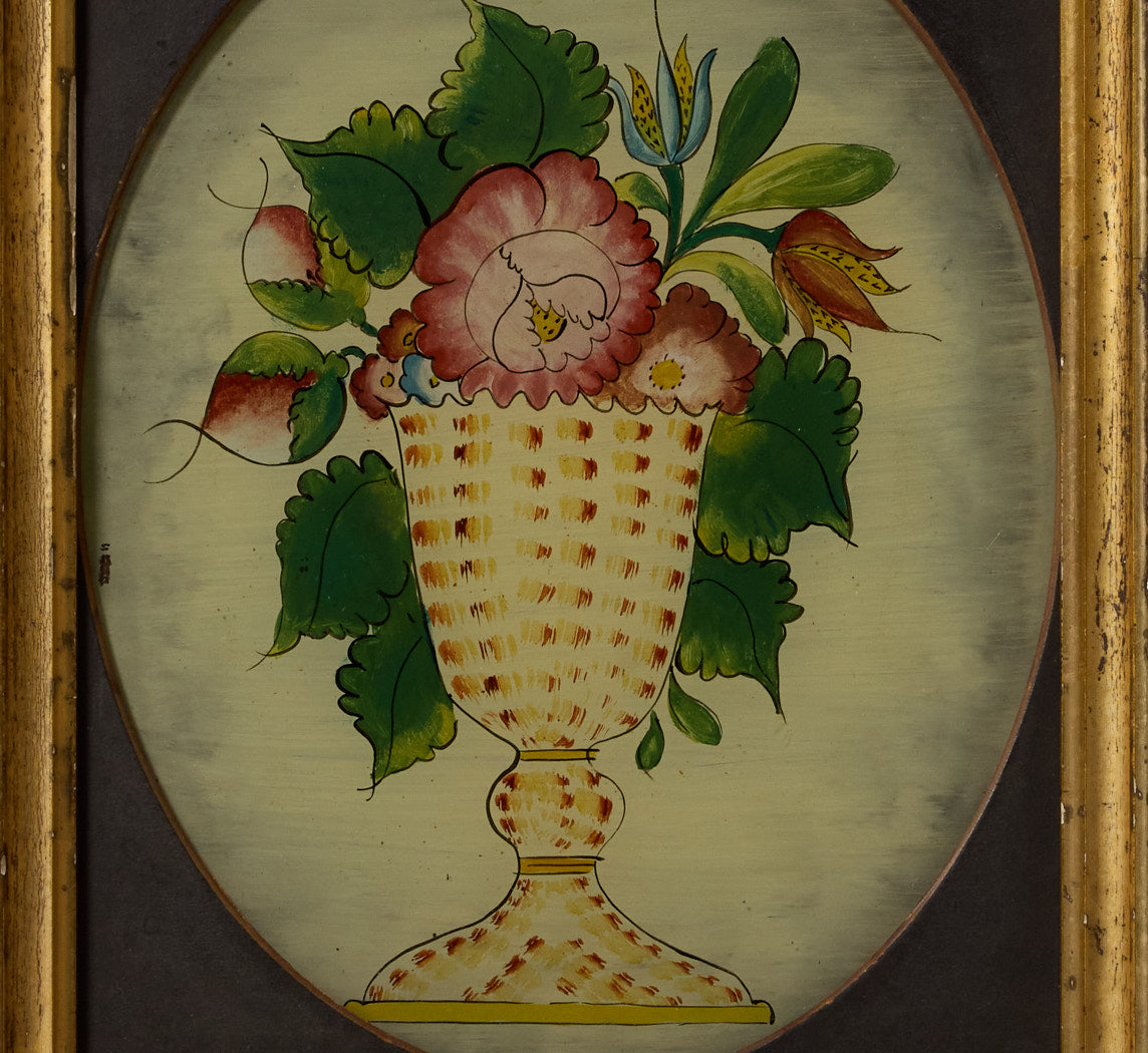 19TH CENTURY REVERSE PAINTED GLASS FLORAL STILL LIFE