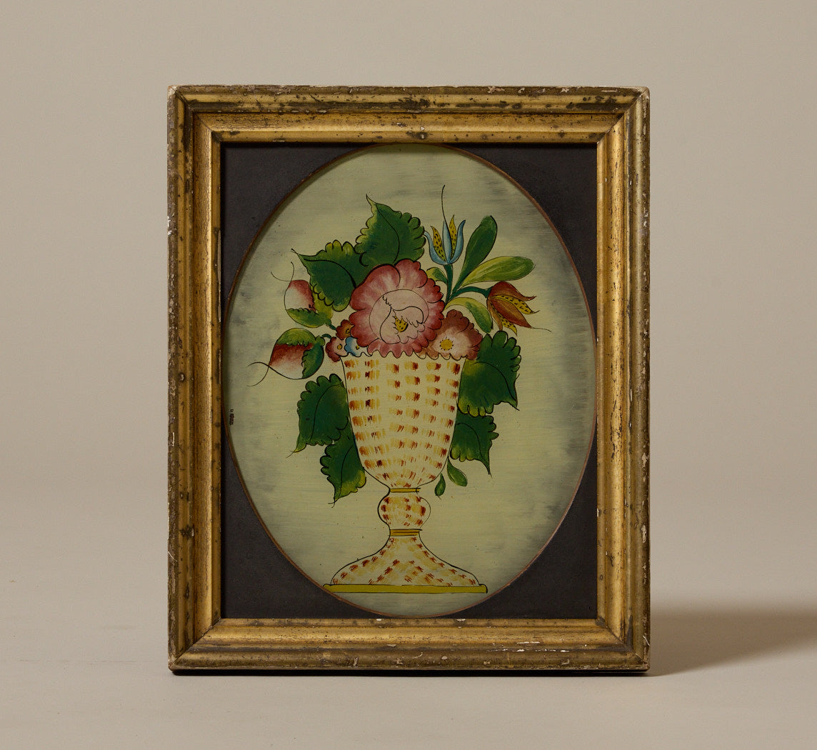 19TH CENTURY REVERSE PAINTED GLASS FLORAL STILL LIFE