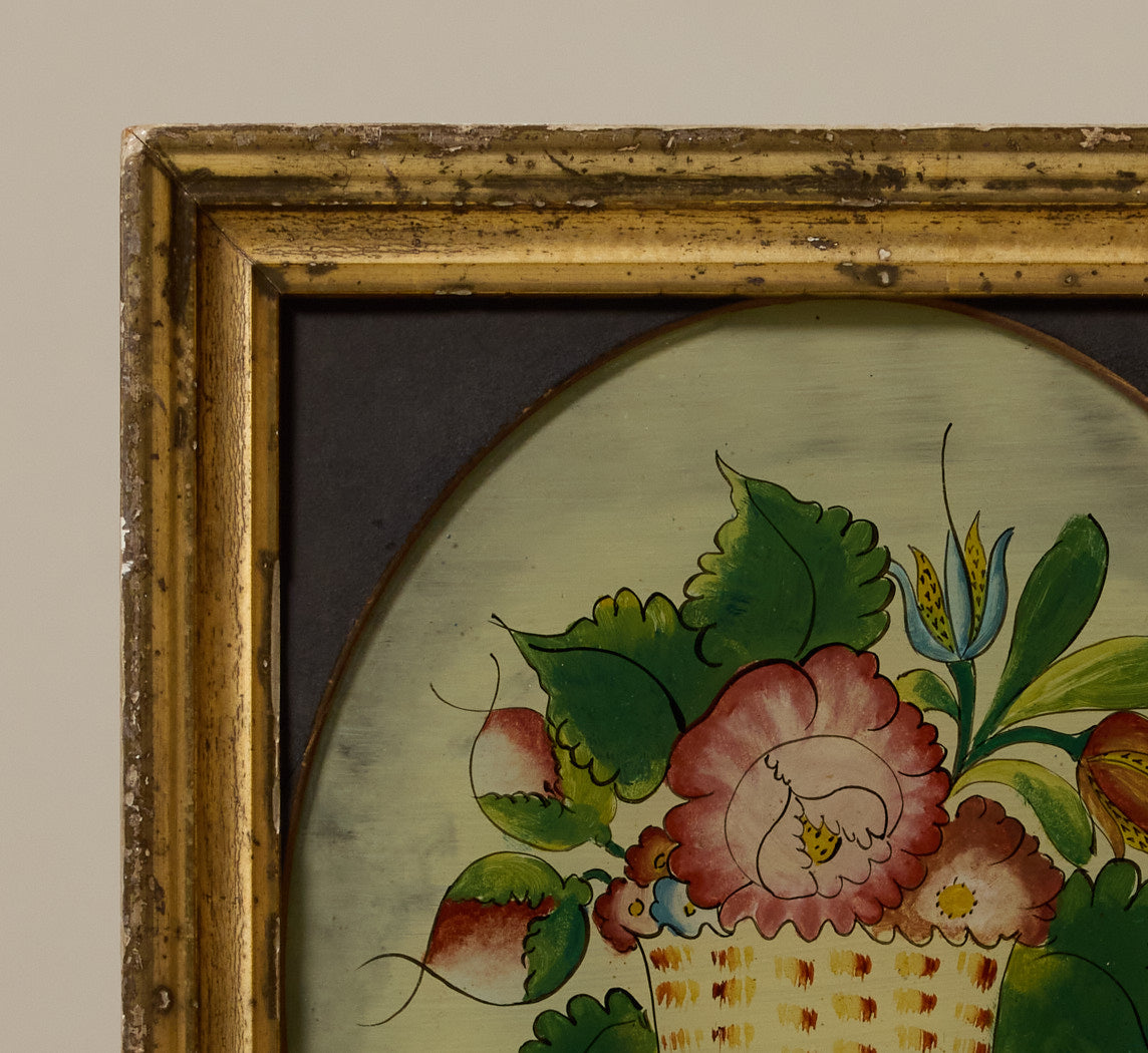 19TH CENTURY REVERSE PAINTED GLASS FLORAL STILL LIFE