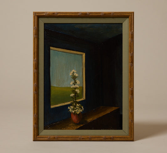 VINTAGE ITALIAN SCHOOL FLOWER IN THE WINDOW STILL LIFE