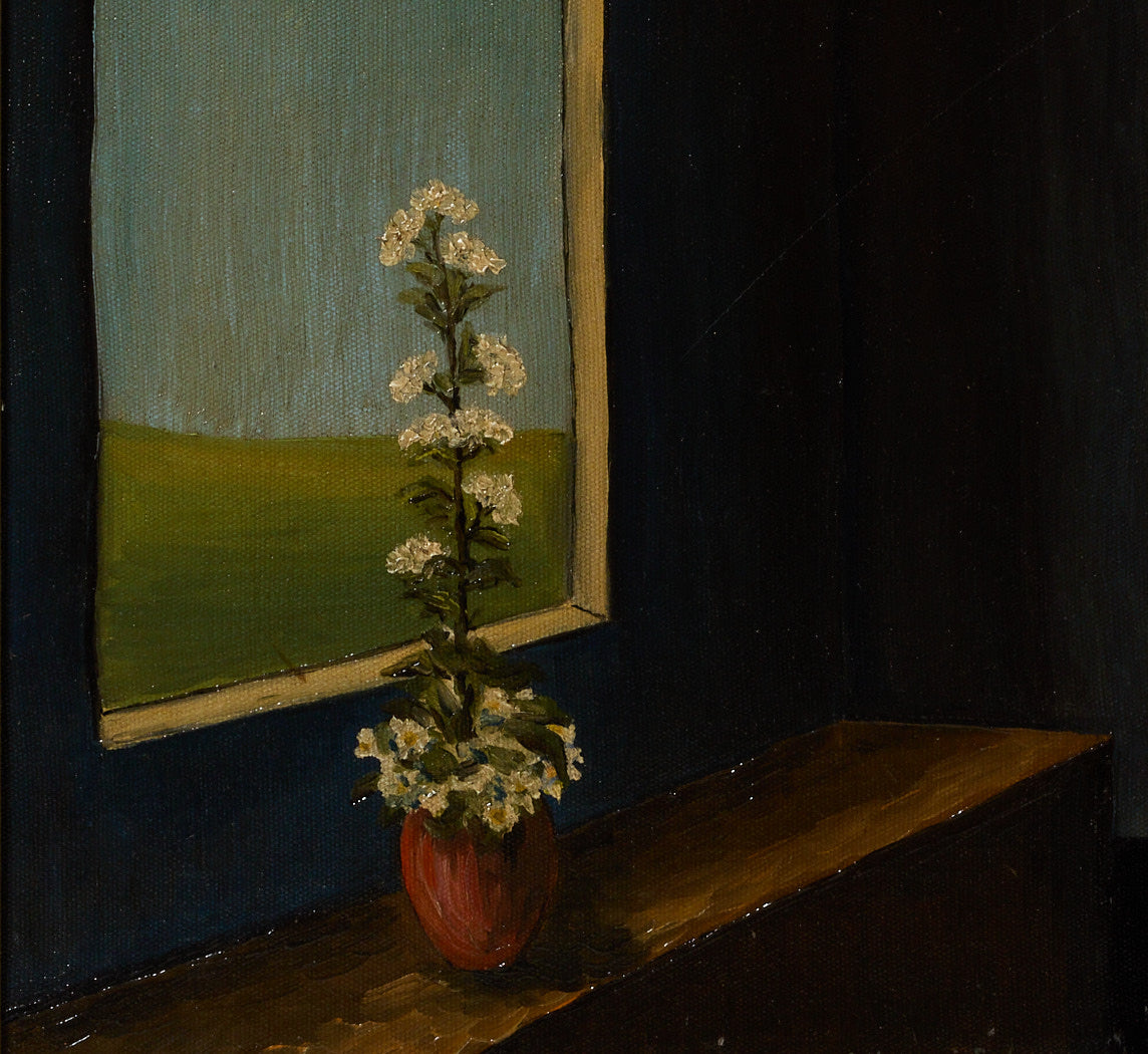VINTAGE ITALIAN SCHOOL FLOWER IN THE WINDOW STILL LIFE