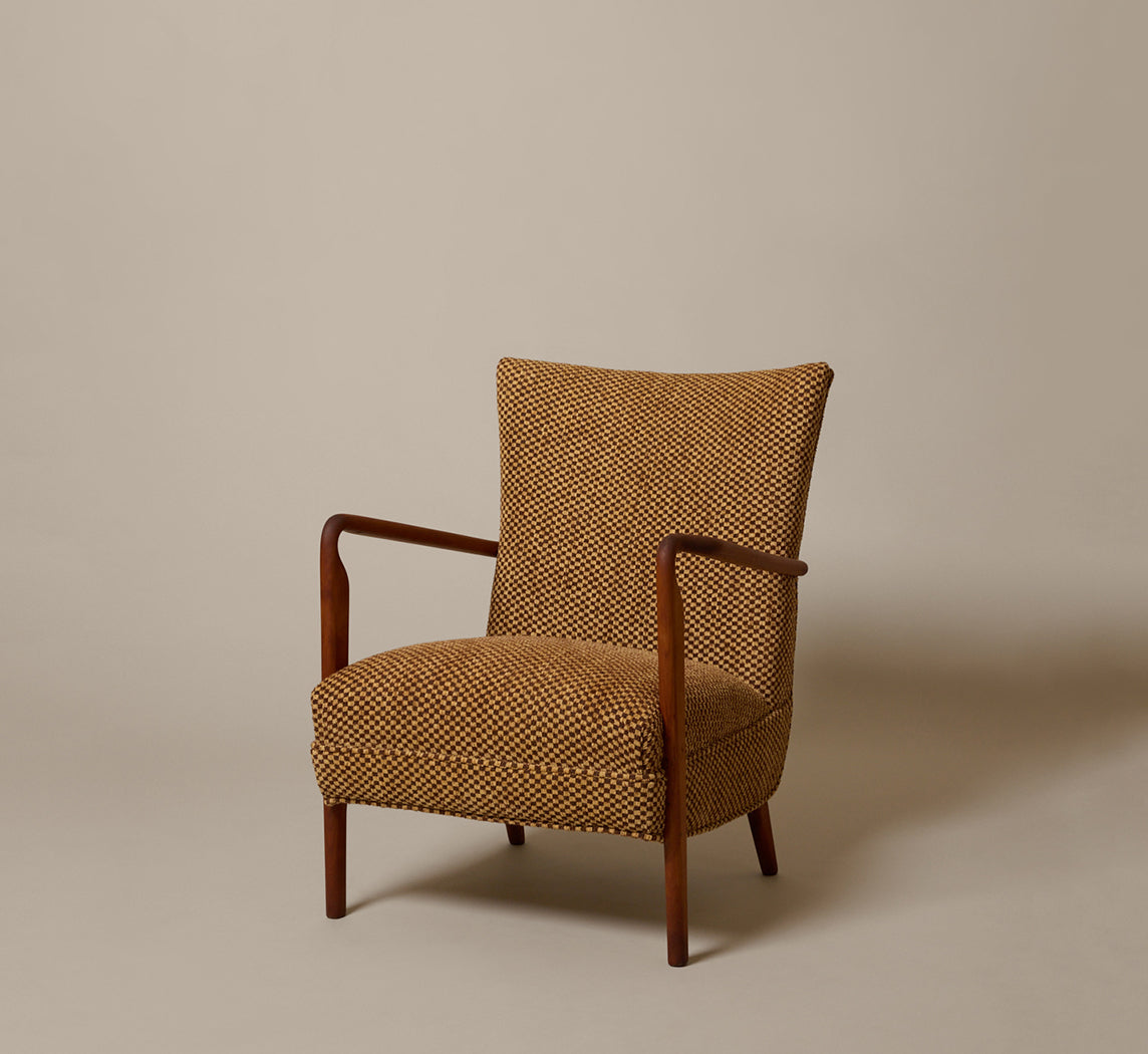 PAIR OF MID-CENTURY WALNUT ARM CHAIR IN DELUCA CHECK FABRIC BY SCHUMACHER