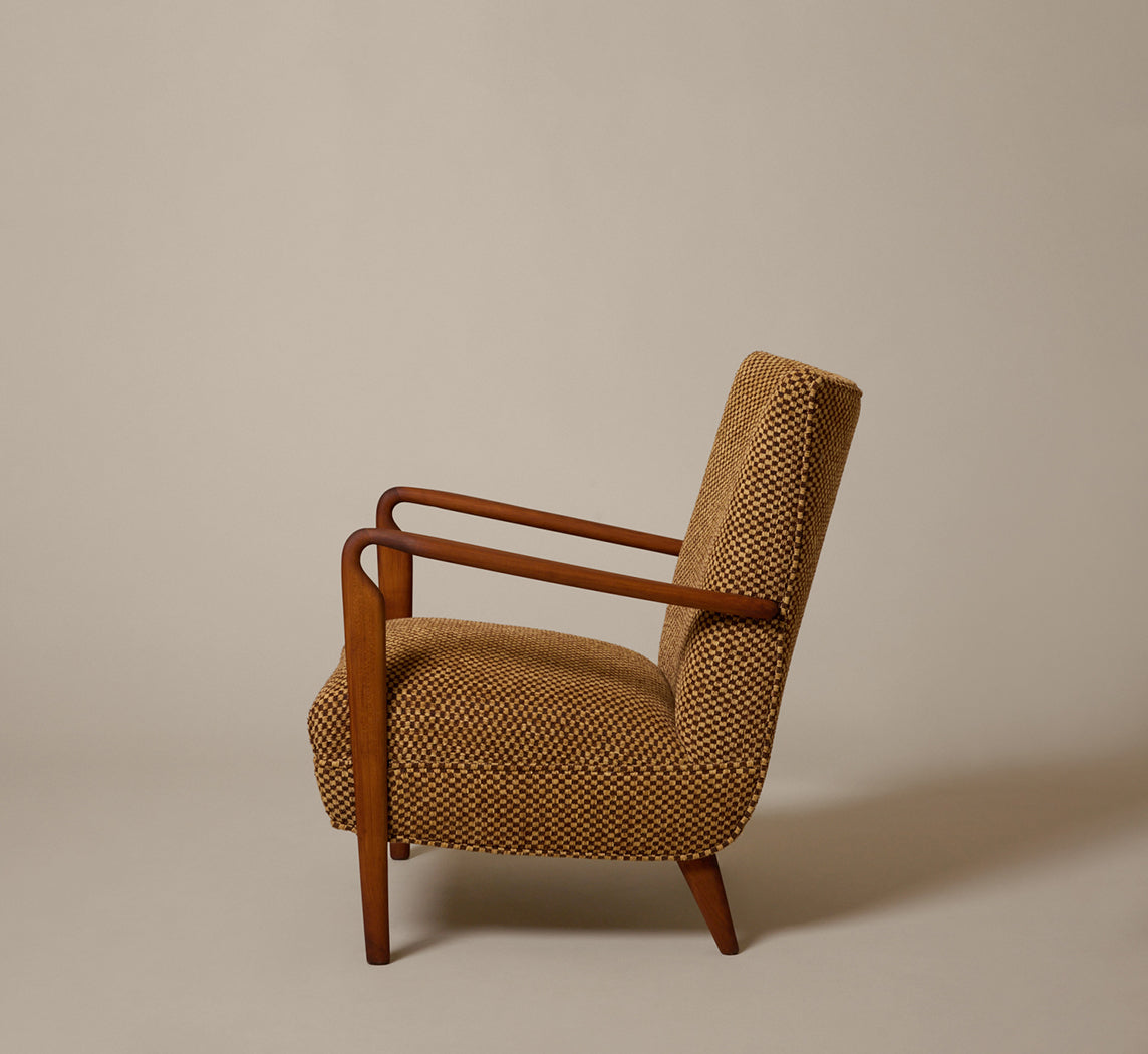 PAIR OF MID-CENTURY WALNUT ARM CHAIR IN DELUCA CHECK FABRIC BY SCHUMACHER