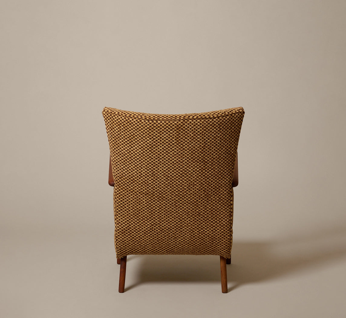 PAIR OF MID-CENTURY WALNUT ARM CHAIR IN DELUCA CHECK FABRIC BY SCHUMACHER
