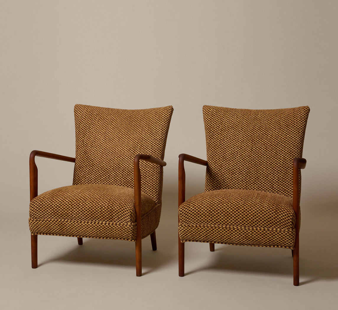 PAIR OF MID-CENTURY WALNUT ARM CHAIR IN DELUCA CHECK FABRIC BY SCHUMACHER