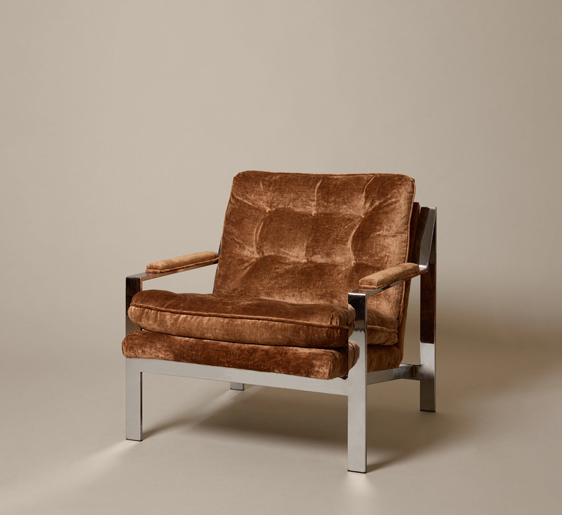 PAIR OF CY MANN STYLE MOKUM VELVET TUFTED CHROME LOUNGE CHAIRS
