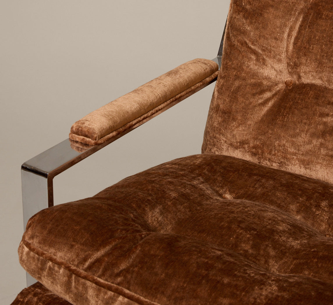 PAIR OF CY MANN STYLE MOKUM VELVET TUFTED CHROME LOUNGE CHAIRS