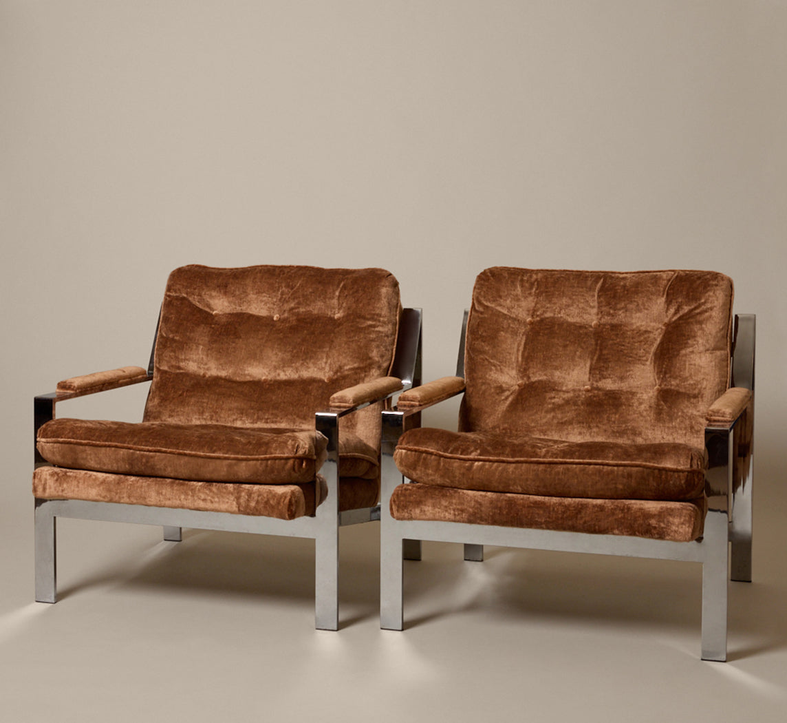 PAIR OF CY MANN STYLE MOKUM VELVET TUFTED CHROME LOUNGE CHAIRS