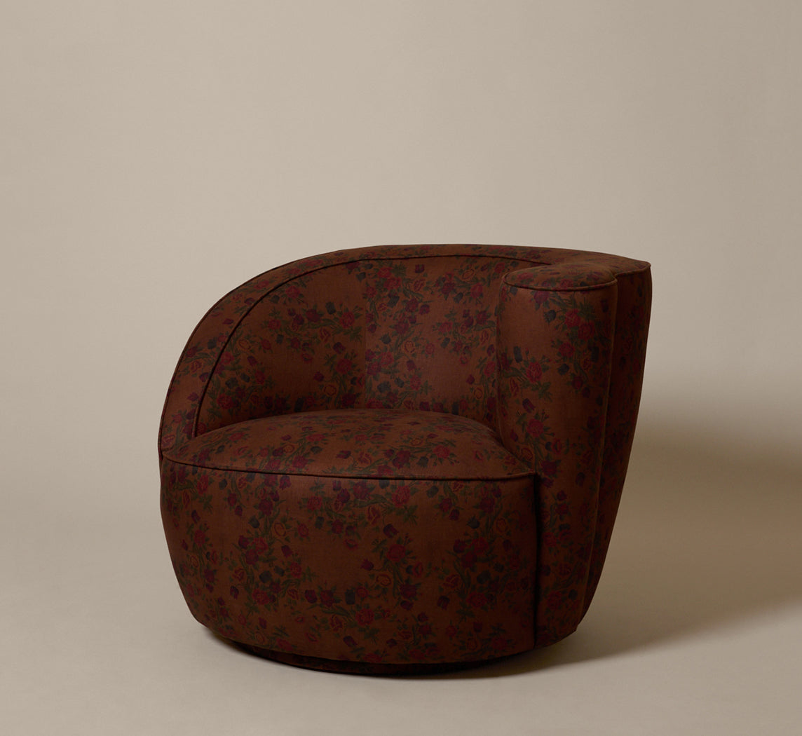 VLADIMIR KAGAN STYLE SPRING VINE FLORAL UPHOLSTERED SWIVEL LOUNGE CHAIR AND OTTOMAN