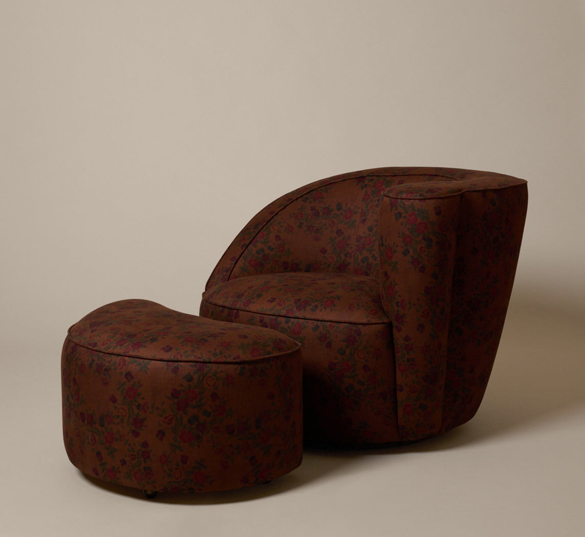 VLADIMIR KAGAN STYLE SPRING VINE FLORAL UPHOLSTERED SWIVEL LOUNGE CHAIR AND OTTOMAN