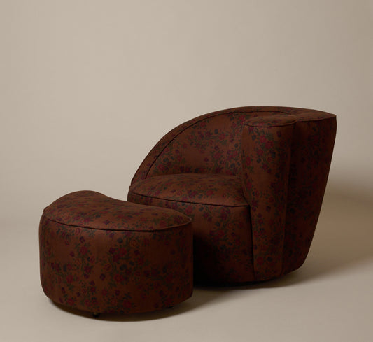 VLADIMIR KAGAN STYLE SPRING VINE FLORAL UPHOLSTERED SWIVEL LOUNGE CHAIR AND OTTOMAN