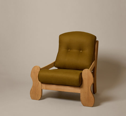 PAIR OF 1970S DUTCH SCULPTURAL OAK LOUNGE ARMCHAIRS IN OLIVE OXIDE LINEN