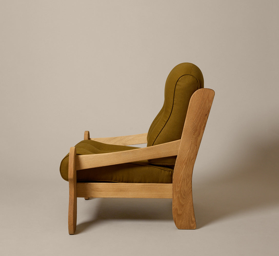 PAIR OF 1970S DUTCH SCULPTURAL OAK LOUNGE ARMCHAIRS IN OLIVE OXIDE LINEN