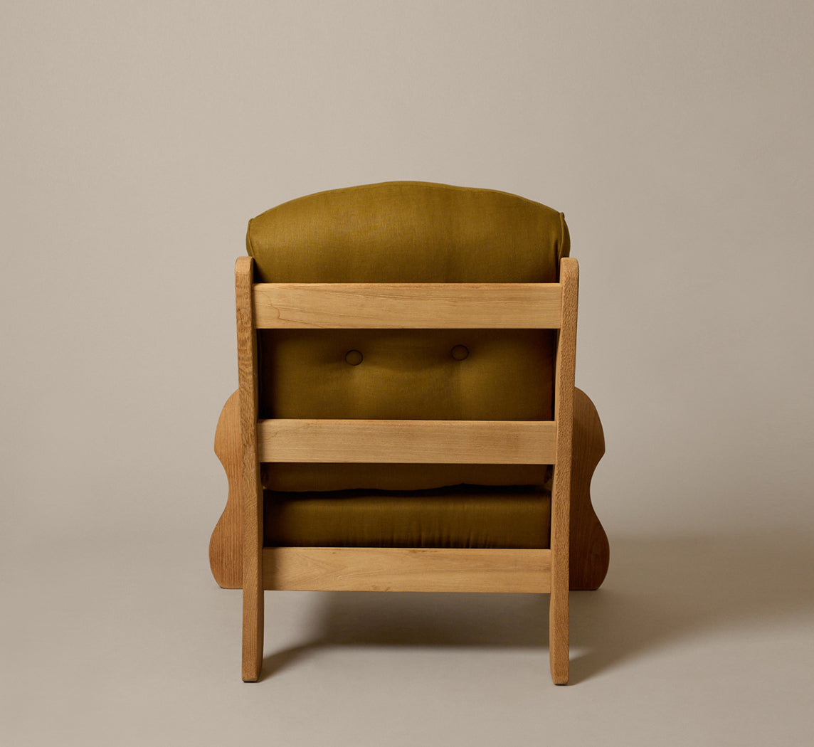 PAIR OF 1970S DUTCH SCULPTURAL OAK LOUNGE ARMCHAIRS IN OLIVE OXIDE LINEN