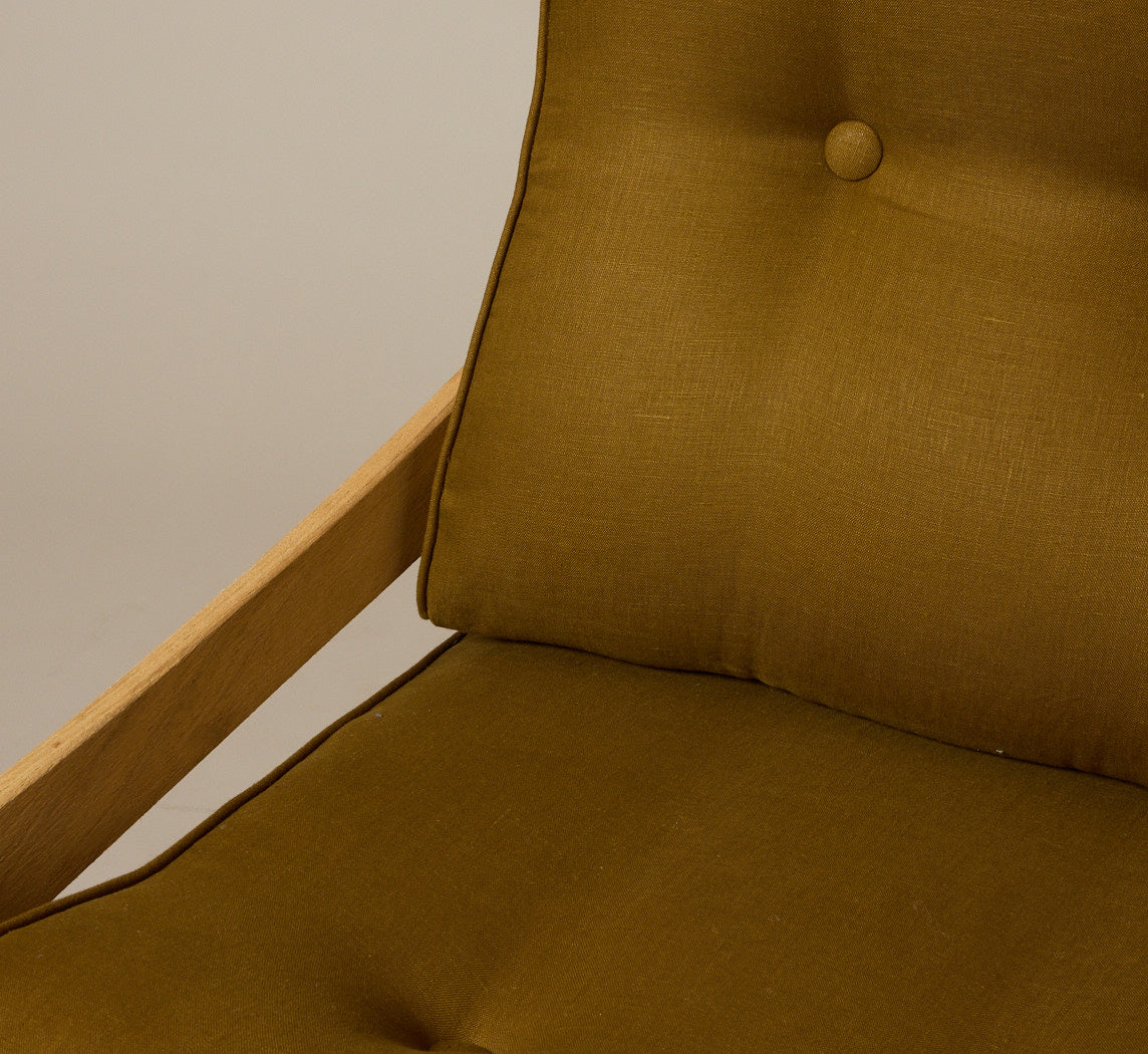 PAIR OF 1970S DUTCH SCULPTURAL OAK LOUNGE ARMCHAIRS IN OLIVE OXIDE LINEN
