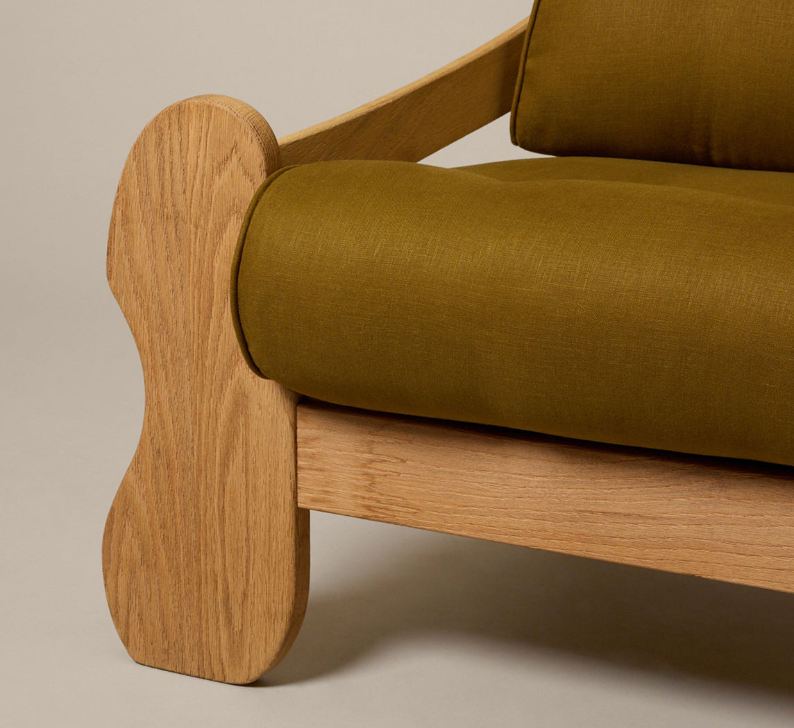 PAIR OF 1970S DUTCH SCULPTURAL OAK LOUNGE ARMCHAIRS IN OLIVE OXIDE LINEN