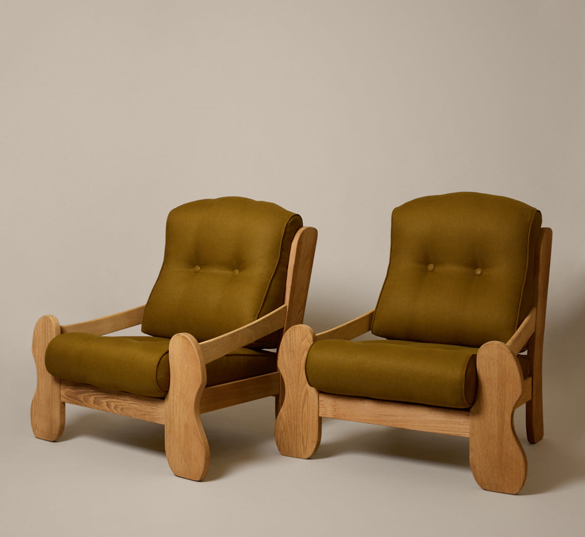 PAIR OF 1970S DUTCH SCULPTURAL OAK LOUNGE ARMCHAIRS IN OLIVE OXIDE LINEN