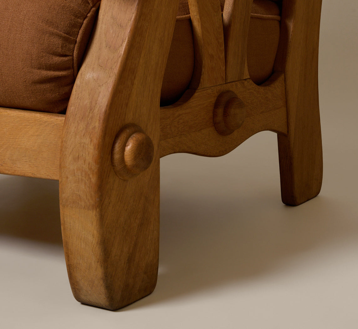 PAIR OF 1960S SCULPTURAL HEAVY OAK LOUNGE CHAIRS WITH MOKUM COPPER LINEN CUSHIONS