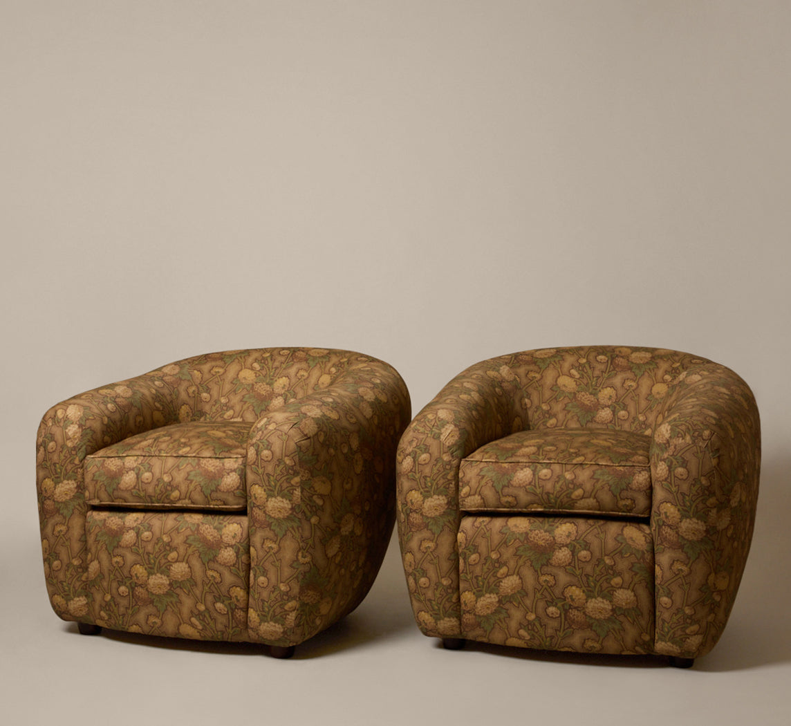 PAIR OF DECO STYLE CLUB CHAIRS IN PIERCE & WARD CHRYSANTHEMUM