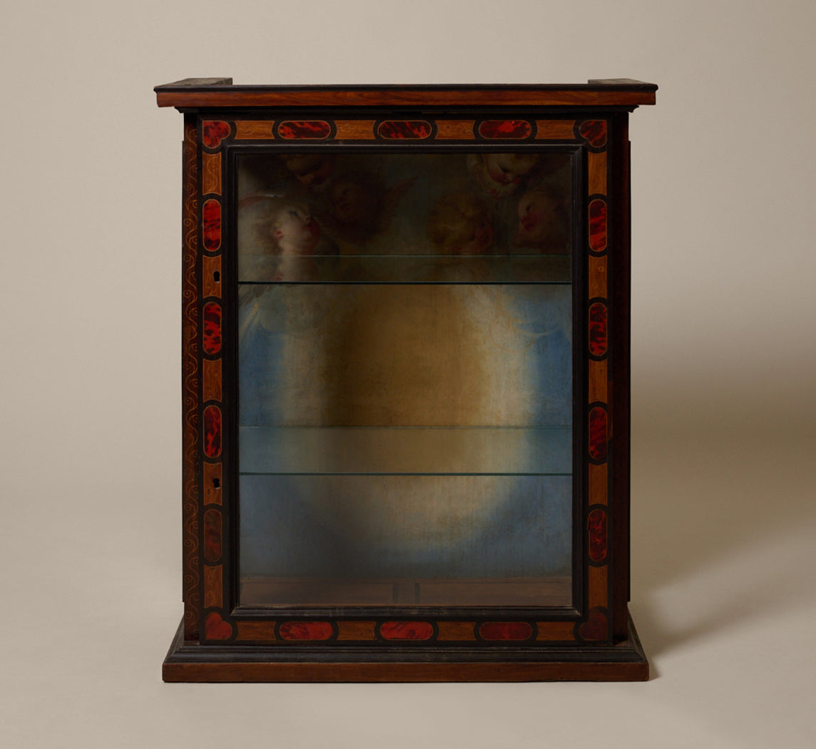 19TH CENTURY INLAID EBONY & ROSEWOOD VITRINE WITH PAINTED CHERUBS