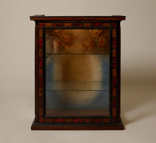 19TH CENTURY INLAID EBONY & ROSEWOOD VITRINE WITH PAINTED CHERUBS