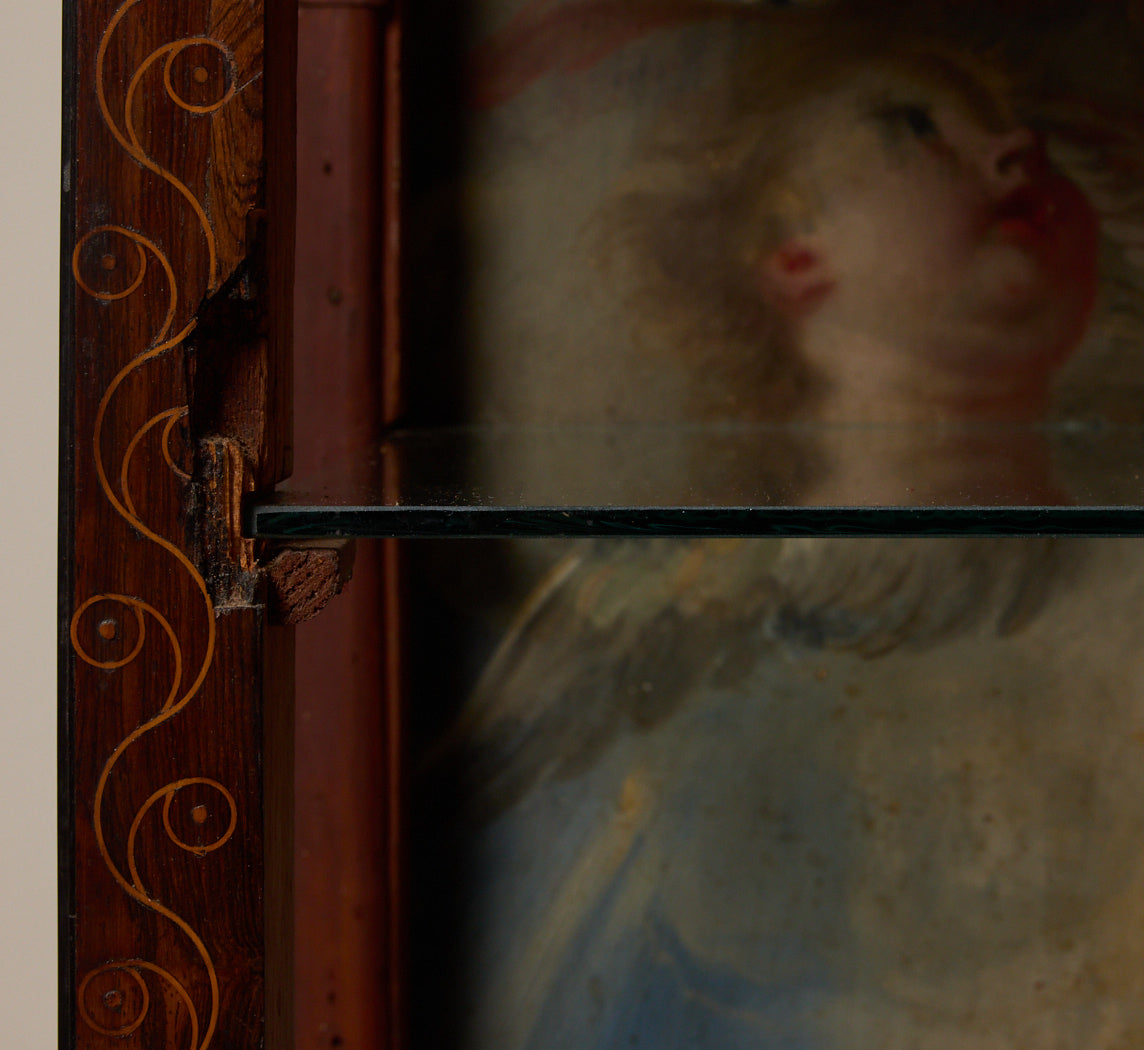 19TH CENTURY INLAID EBONY & ROSEWOOD VITRINE WITH PAINTED CHERUBS