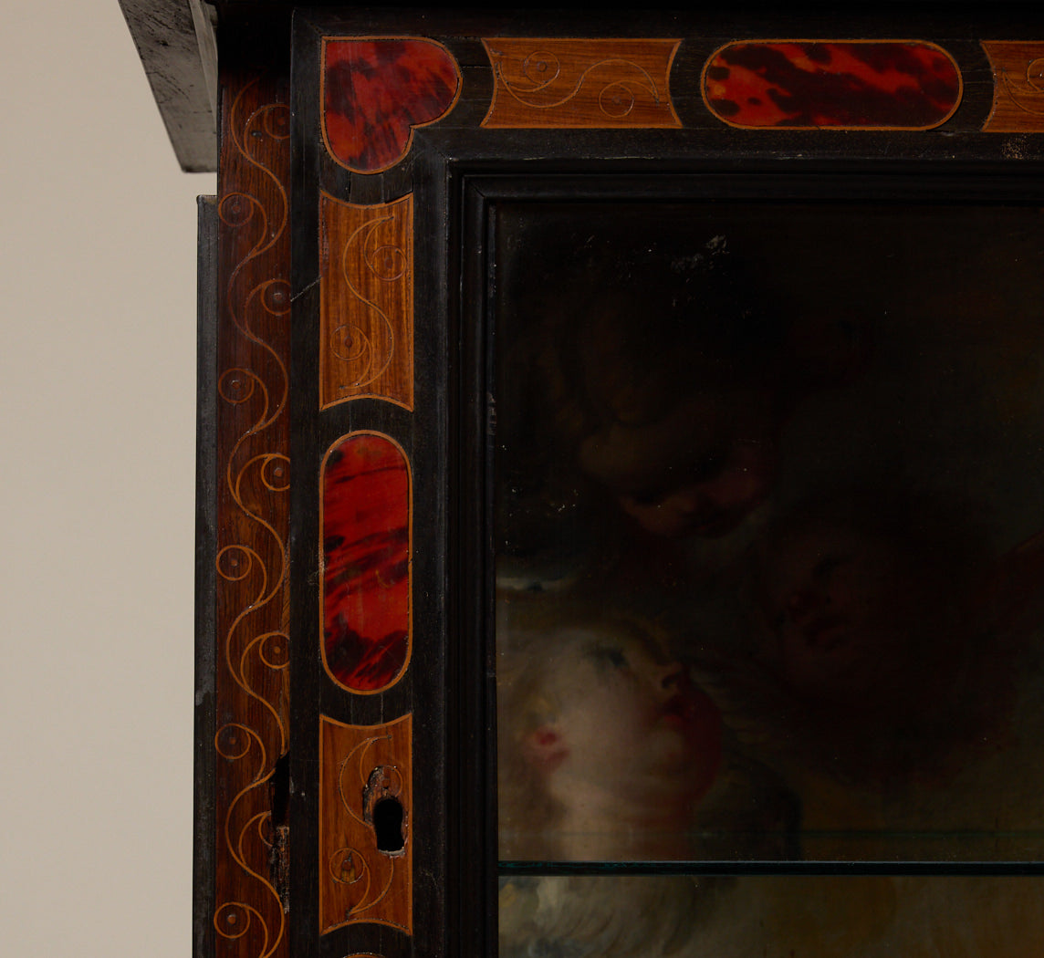 19TH CENTURY INLAID EBONY & ROSEWOOD VITRINE WITH PAINTED CHERUBS