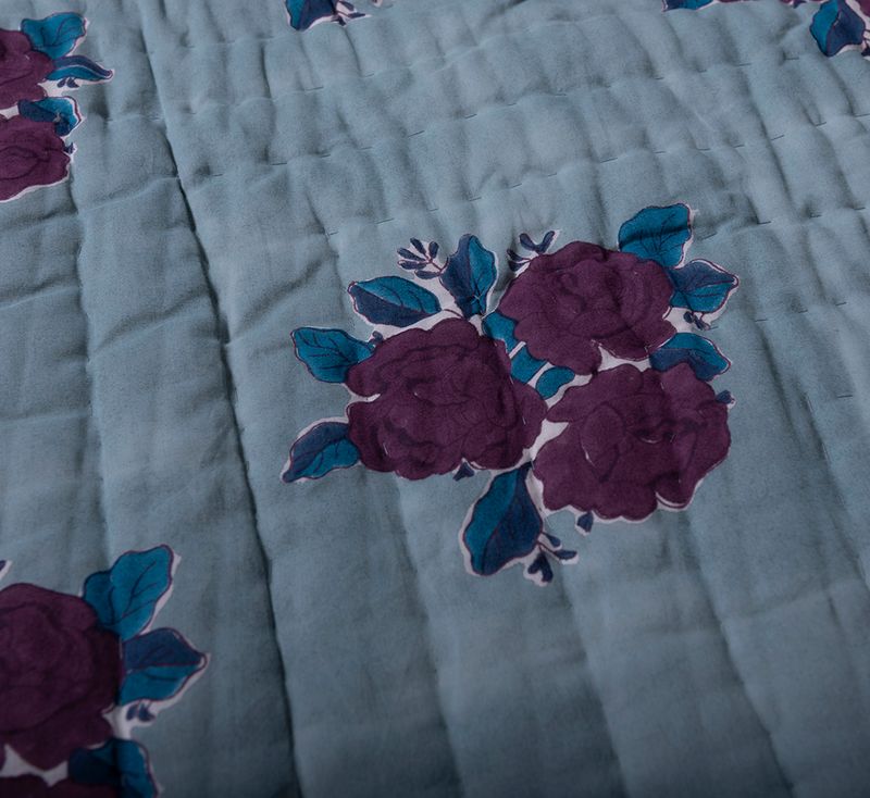 SARA  HAND BLOCK-PRINTED REVERSIBLE QUILT IN DENIM BLUE (QUEEN/KING)