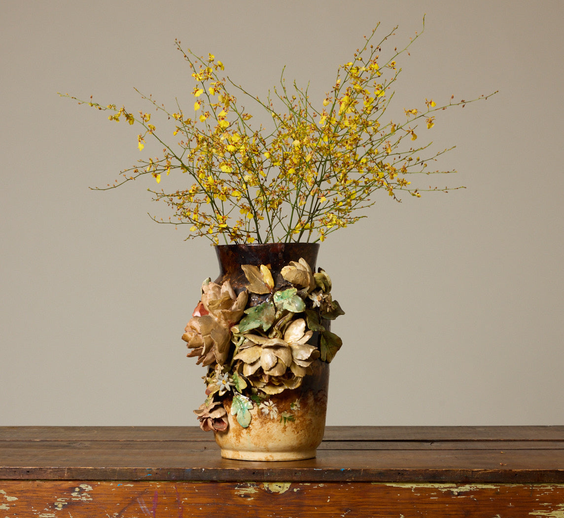 EARLY 20TH CENTURY GROS RELIEF FLORAL BARBOTINE VASE